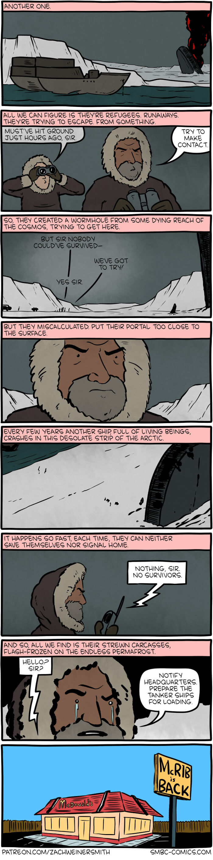 Comic strip from Saturday Morning Breakfast Cereal depicting frozen refugee ships near a burning crash site in the Arctic.
