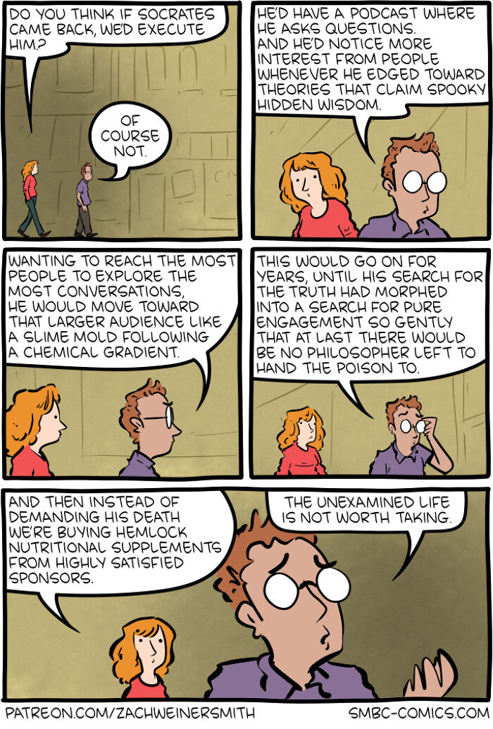 Comic panels featuring a humorous, thought-provoking dialogue about Socrates in a Saturday Morning Breakfast Cereal comic.