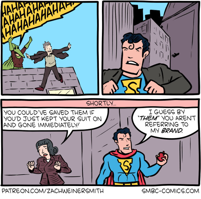 Comic panels showing a superhero refusing to save people to protect his brand in a humorous Saturday Morning Breakfast Cereal comic.