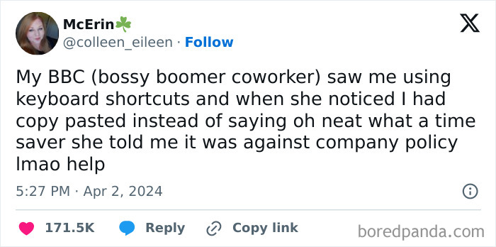Tweet about a bossy boomer coworker misunderstanding keyboard shortcuts, showcasing boomers trying technology and failing.