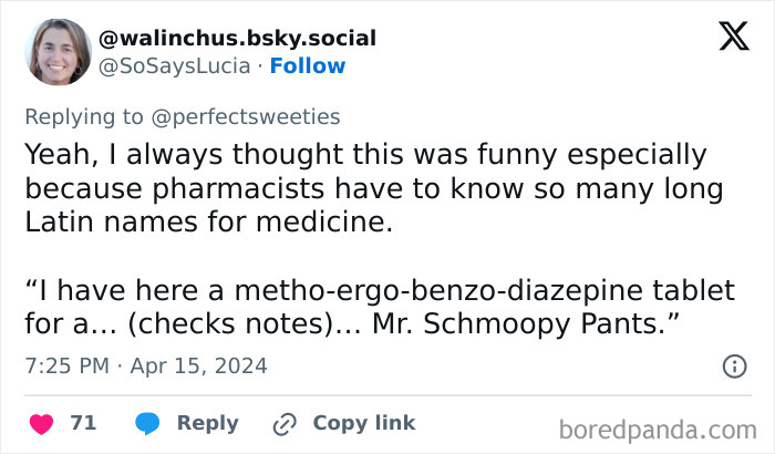 Tweet about funny and ridiculous pet names, including a humorous example of a long medicine name as a pet name.