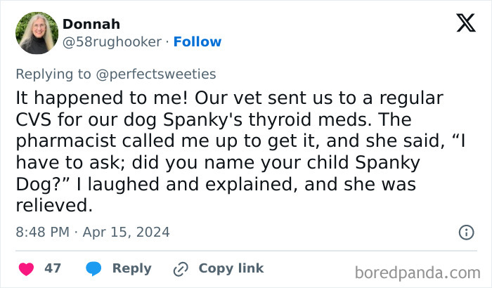 Tweet about a pet named Spanky with a funny pharmacy mix-up, showcasing ridiculous pet names people just had to share.