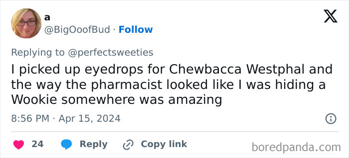 Tweet showing a funny ridiculous pet name Chewbacca Westphal shared on social media about a Wookie-themed pet name.