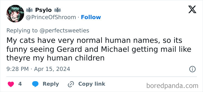 Tweet about cats with normal human names Gerard and Michael, illustrating ridiculous pet names shared online.