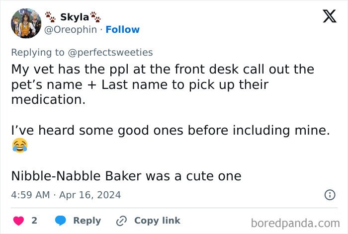 Tweet about ridiculous pet names shared by people, mentioning a vet calling pets' names plus last names for medication pickup.