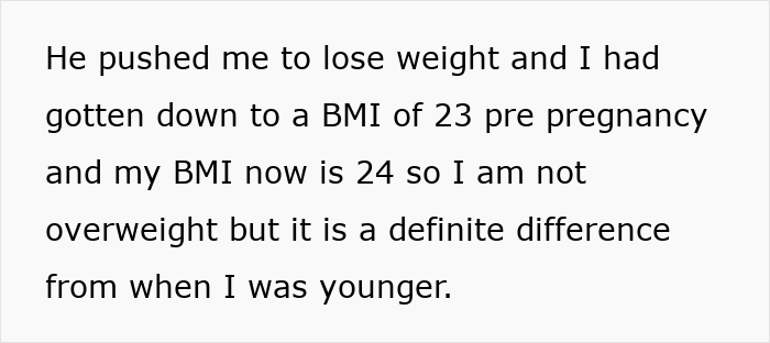 Text about a man pressuring his wife to lose weight after pregnancy and mentioning BMI changes pre and post pregnancy.