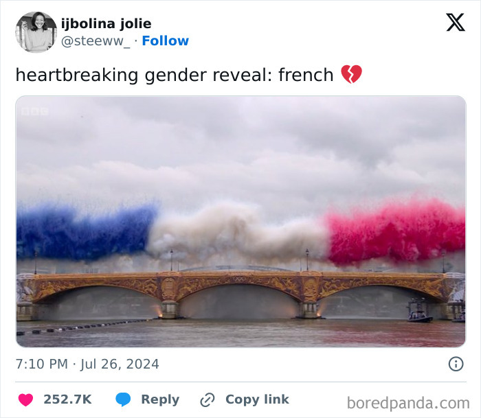 Tweet with a humorous take on a French gender reveal featuring colored smoke over a bridge, part of random funny tweets.