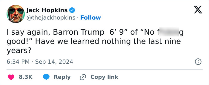 Tweet expressing disbelief about Barron Trump&rsquo;s height amid discussions and a new viral photo of Trump&rsquo;s kids.