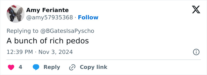 Tweet screenshot by user Amy Feriante criticizing wealthy individuals, related to Epstein files and Bill Gates STD allegations.