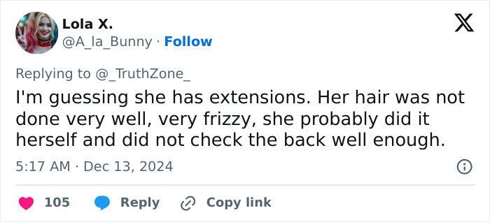 Twitter reply from Lola X. discussing Melania Trump's hair extensions and frizzy appearance, suggesting a hidden styling flaw revealed by wind.