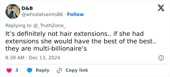 Tweet discussing Melania Trump’s perfectly polished appearance and rumors about hair extensions amid windy conditions.