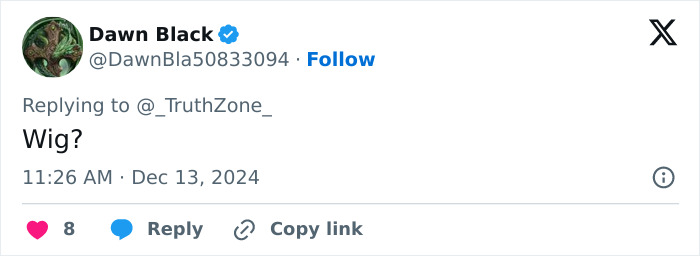 Tweet from Dawn Black questioning a wig as Melania Trump’s perfectly polished appearance slips in the wind.