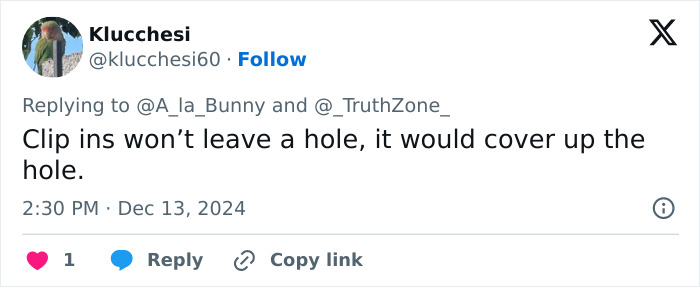 Tweet discussing how clip ins cover a hole, relating to Melania Trump’s perfectly polished appearance slipping in the wind.