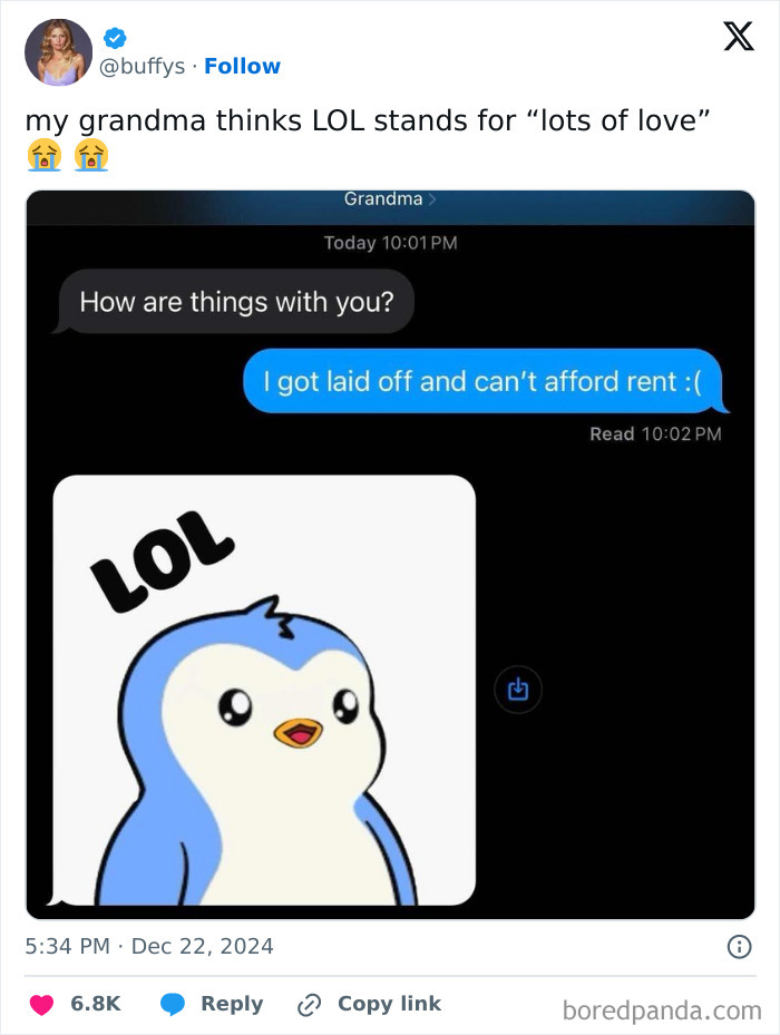 Screenshot of a humorous text exchange showing a boomer misunderstanding technology and messaging slang.