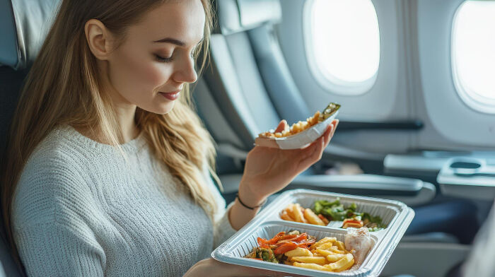 Young woman enjoying plane perks with an inflight meal while seated next to the window on an airplane flight.