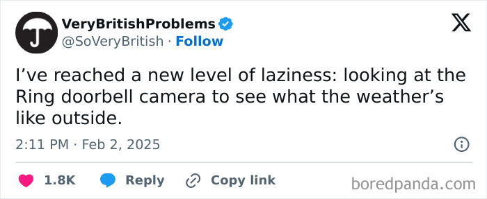 Tweet about reaching a new level of laziness by checking the Ring doorbell camera to see the weather outside.