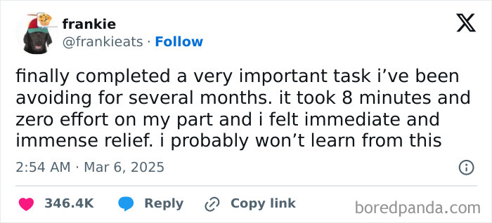 Tweet showing relief after completing a long-avoided task in minutes, highlighting humor in random funny tweets.
