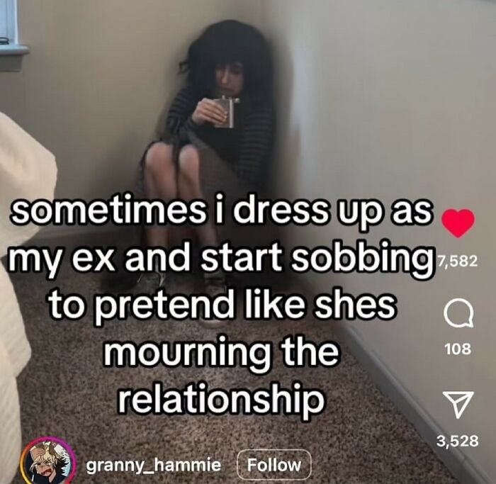 Person sitting curled up in a corner holding a flask with a cynical meme about relationships and exes.
