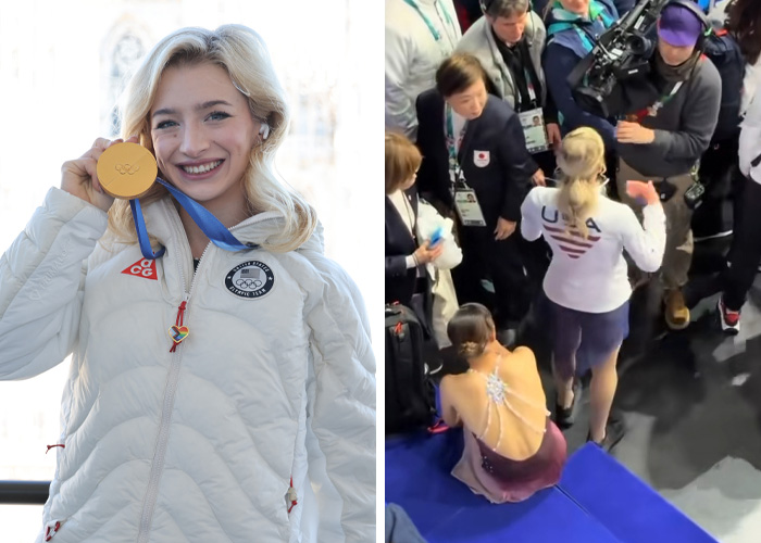 Female athlete proudly holding Olympic gold medal and figure skater interacting with team during 2026 Winter Olympics moments.