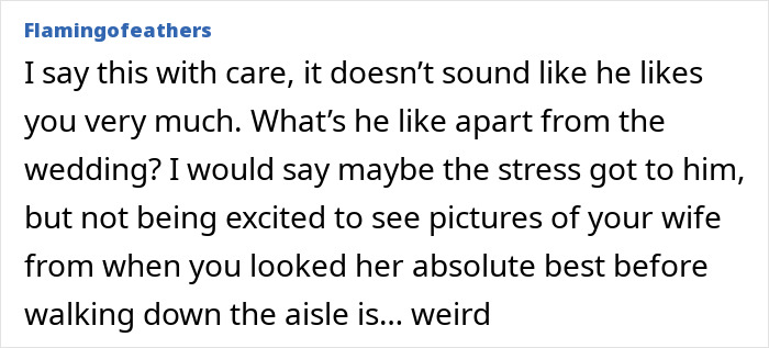 Comment on a forum about wife hurt by husband&rsquo;s reaction to her wedding look, with people questioning his feelings.