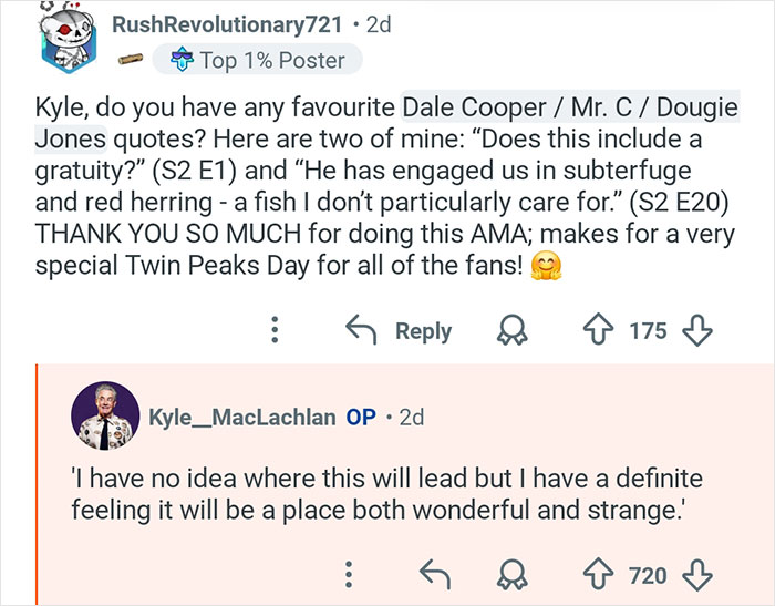 Kyle MacLachlan from Twin Peaks responds to fans with favorite quotes and thoughtful answers in an online AMA.