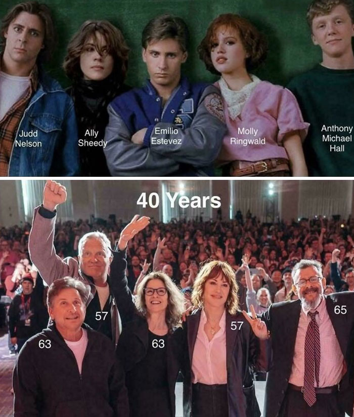 Cast of a nostalgic 80s movie reunion photo after 40 years, highlighting nostalgic pics and references.
