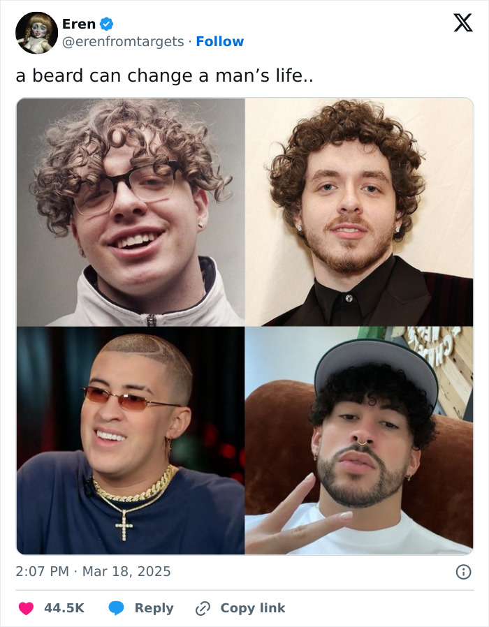 Collage showing Bad Bunny's immaculate transformation with different hairstyles and facial hair after his Grammy win.