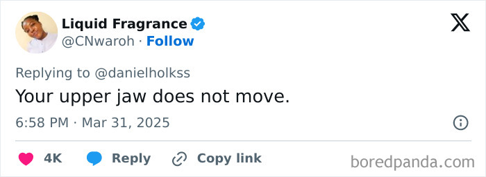 Tweet by Liquid Fragrance stating a surprising fact about the upper jaw, illustrating far-fetched but true facts concept.