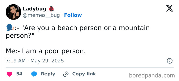 Tweet humor about travel preferences showing a witty travel meme highlighting being a poor person instead of beach or mountain person.