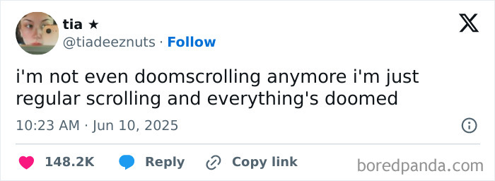 Screenshot of a cynical meme stating regular scrolling feels like everything is doomed, reflecting hilarious memes with cynicism.