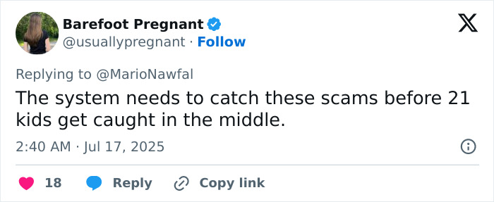 Tweet from Barefoot Pregnant discussing the surrogate sues couple case involving a family with 21 kids and potential scams.