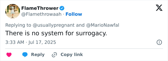 Screenshot of a tweet stating there is no system for surrogacy, referencing surrogate legal issues with a couple.