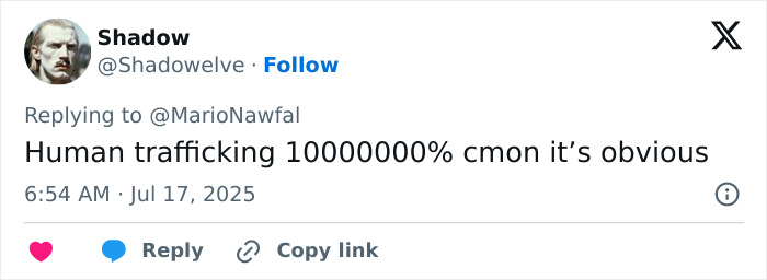 Tweet from user Shadow discussing human trafficking with a sarcastic tone, dated July 17, 2025.