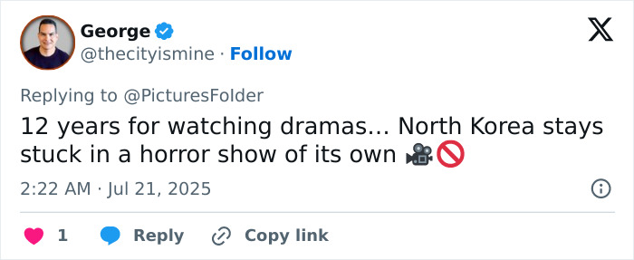 Tweet about North Korea publicly executing citizens caught watching Squid Game, referencing harsh punishments and drama.