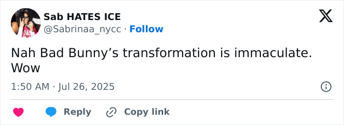 Tweet saying Bad Bunny’s transformation is immaculate, highlighting the viral reaction after his Grammy win.