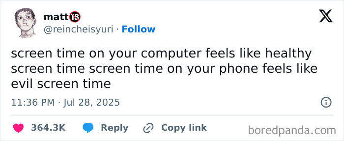 Tweet humor about screen time feeling healthy on computer but evil on phone, reflecting cynical memes humor.