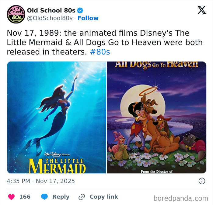 Post from an 80s nostalgia X page showing posters of animated films The Little Mermaid and All Dogs Go to Heaven.