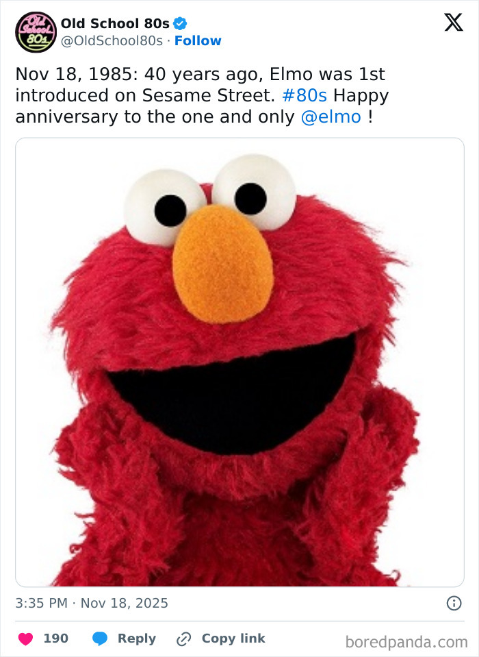 Red Elmo puppet from the 80s celebrating 40 years since first Sesame Street appearance on Old School 80s X page.