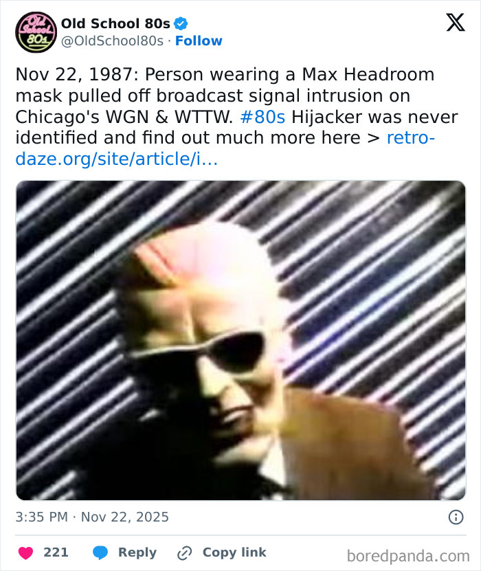 Person wearing Max Headroom mask in 1987 broadcast signal intrusion on Chicago TV, popular on 80s nostalgia X page.