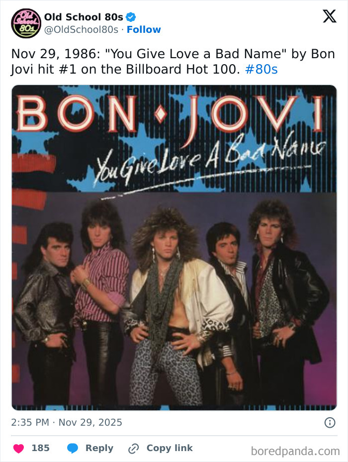Bon Jovi band photo from the ‘80s with vintage fashion representing the memory lane and 80s nostalgia.