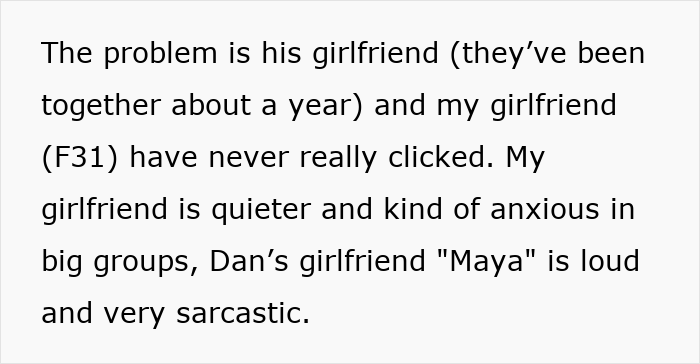 Text showing conflict between guy's girlfriend and best friend's girlfriend, highlighting social tension and relationship dilemma.