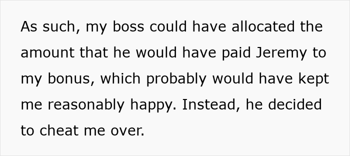 Text on a white background stating a top employee feels cheated by his boss who gave excuses instead of a bonus for record results.