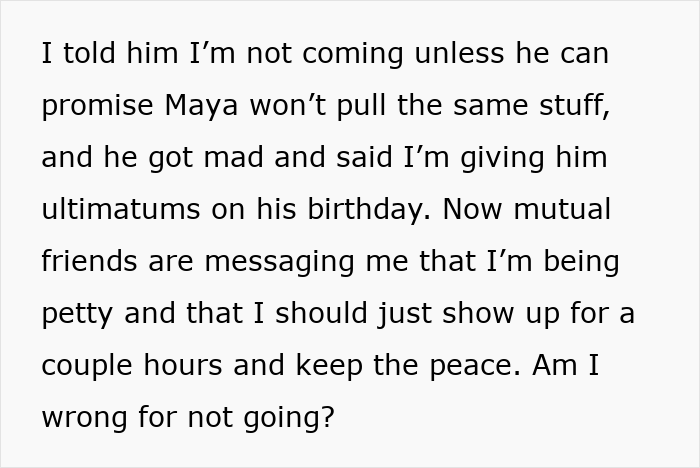 Text excerpt about guy&rsquo;s girlfriend being bullied by best friend&rsquo;s girlfriend and conflict over bestie&rsquo;s birthday celebration.
