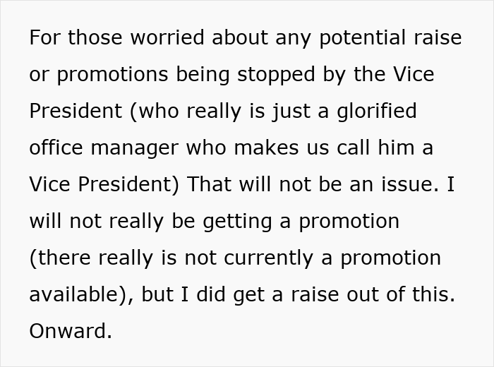 Text excerpt discussing workplace conflicts over lunches and entitlement leading to a heated reaction met with the police.