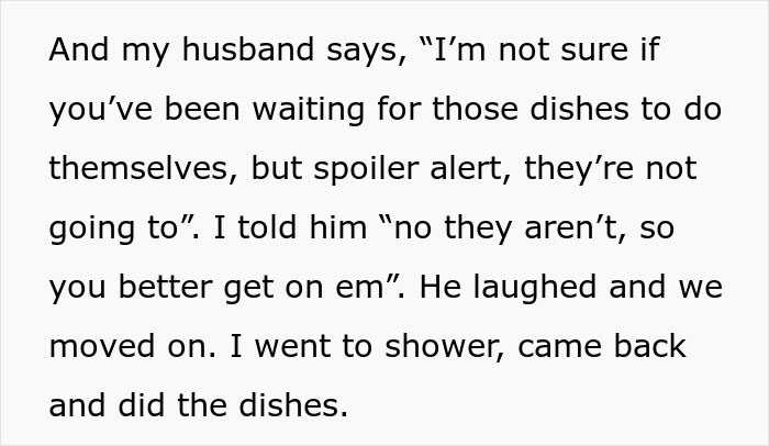 Alt text: Text about a man complaining and a wife working longer shifts while dealing with dishes and fast food.