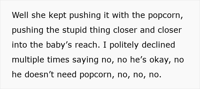 Text excerpt showing a rude mother repeatedly pushing popcorn closer to a baby during a family dinner ruin.