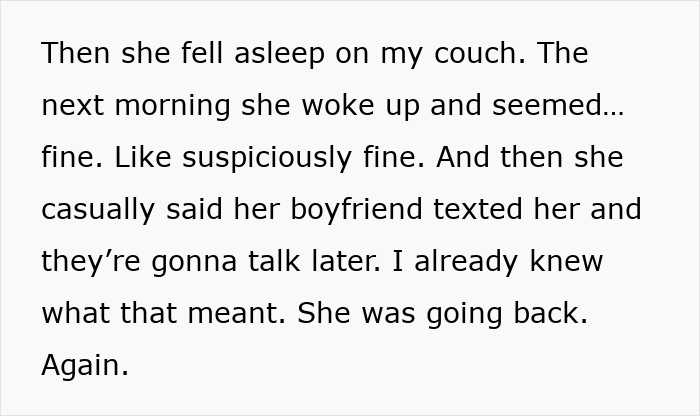 Text about a friend falling asleep on a couch and feeling suspiciously fine before talking to her boyfriend again.