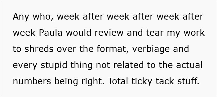 Text excerpt showing a boss repeatedly criticizing a report as unreadable due to formatting and wording issues.