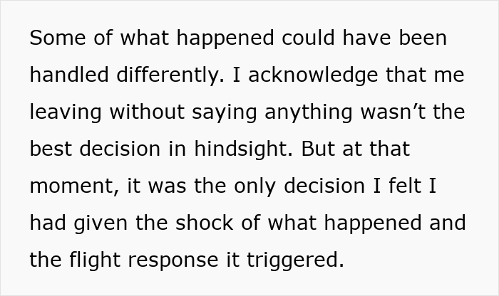 Text excerpt discussing a woman reflecting on the decision to leave after her boyfriend acted like a jerk while drunk.