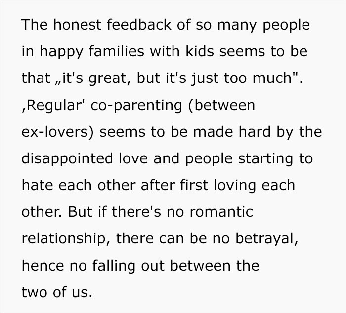 Woman breaks down the pros and cons of platonic co-parenting while considering having a baby with her ex-partner.